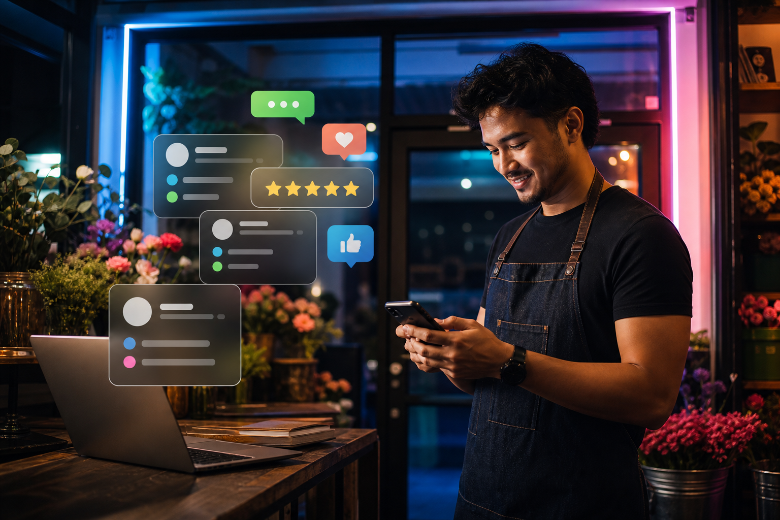 Business owner reviewing social replies and customer reviews on a phone