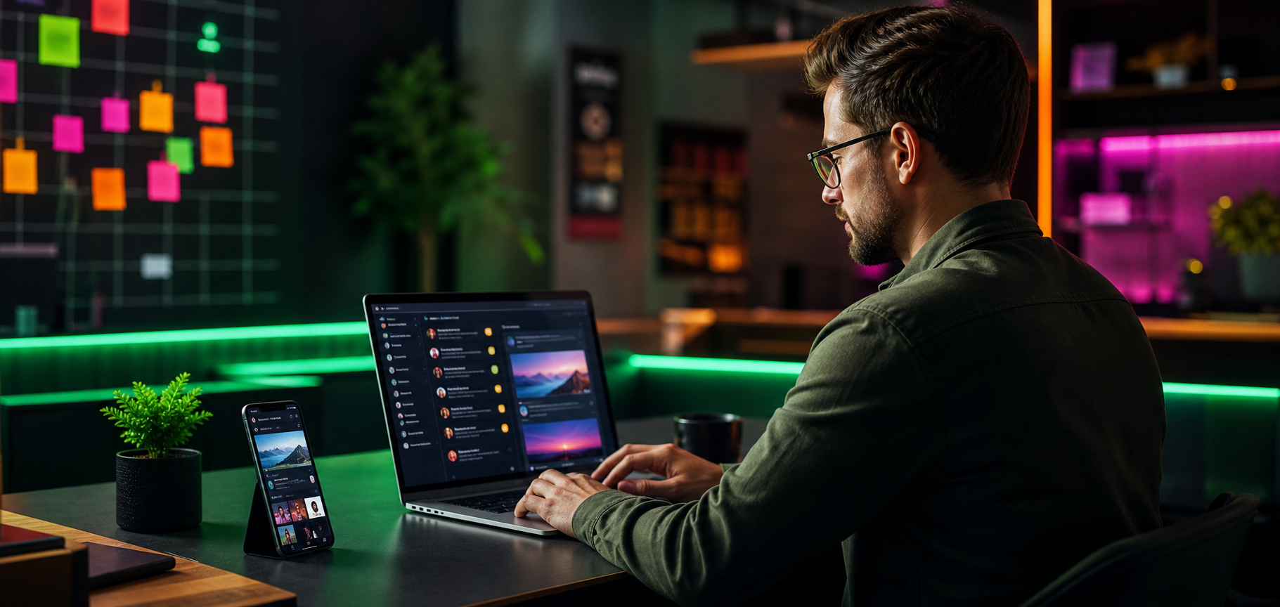 Business owner managing social posting and replies on a laptop